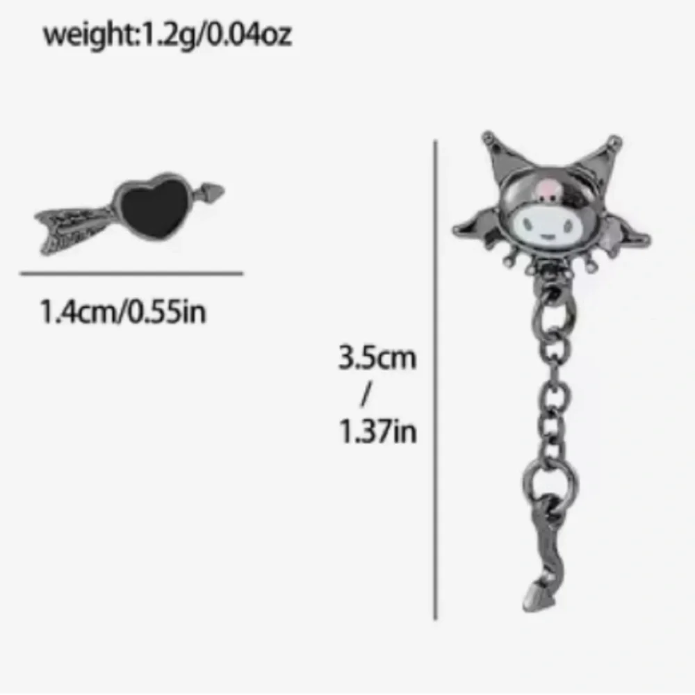 925 Sterling Silver Plated Kuromi Bat Wings Arrow & Heart Mismatch Stud Earrings